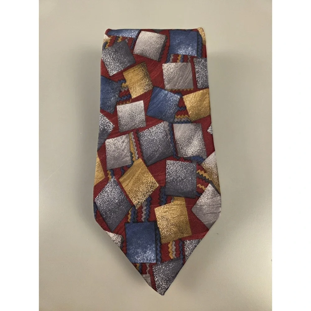 Vintage Viaggio 100% Silk‎ Necktie Red Blue Gray Gold Silver
